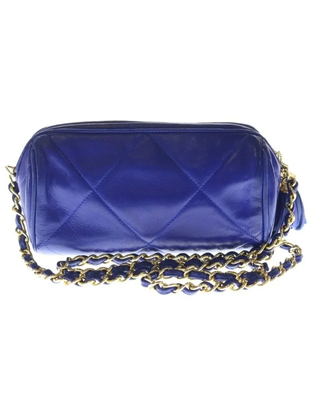 Chanel Quilted Fringe Charm Tassel Mini Chain Shoulder Bag Blue Leather Gold